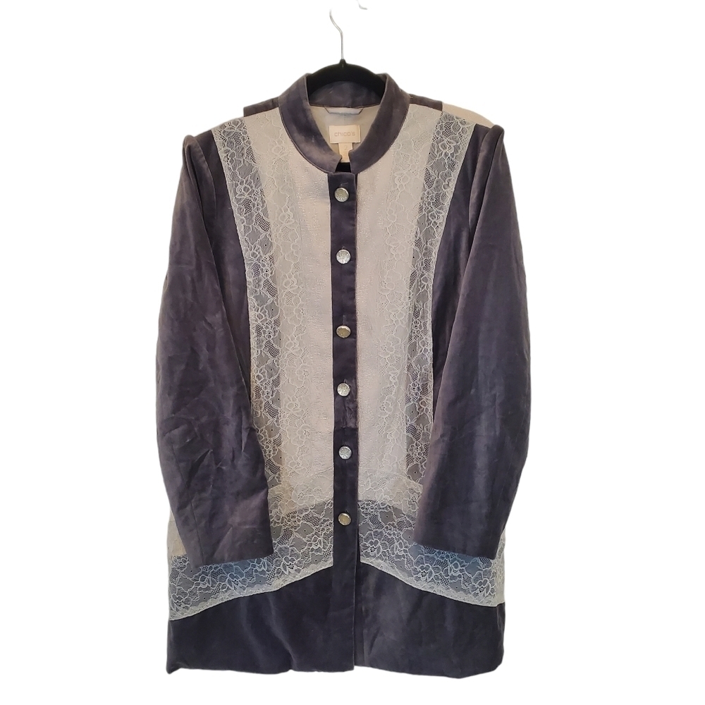 Chico's Size 2 Cotton Blend Velvet Lace Button Front Blazer